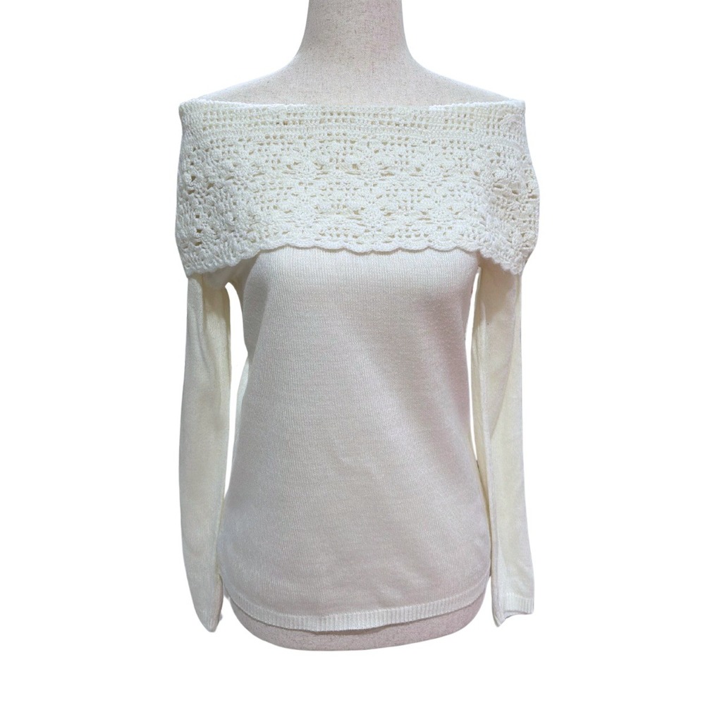 Bette Paige Cream Crochet Off Shoulder Sweater Top Womens Coquette Foldover‎